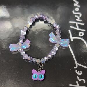 Purple Beaded Crystal Bracelet with Bows And Cat Charm